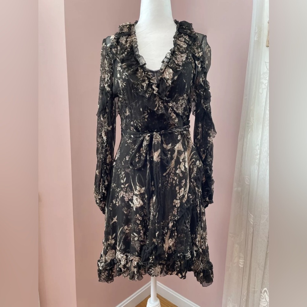 Zimmermann 100% Silk A-Line Black Printed Long Sleeve Ruffle Wrap Dress